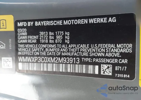 2021 Mini Se Hardtop Cooper z USA, uszkodzony, nr VIN WMWXP3C0XM2M93913